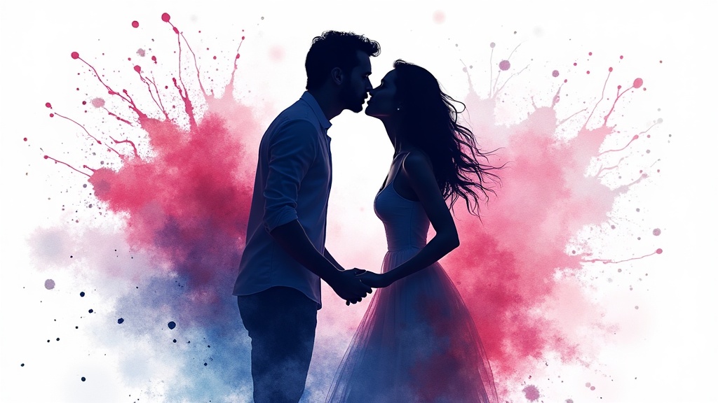 A couple in silhouette, about to kiss, wrapped in watercolor